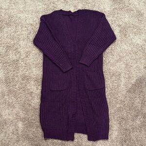 Women's Long Open-Front Purple Chunky Knit Cardigan